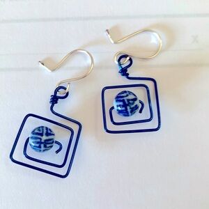 Geometric Artsy Wire Earrings Blue Square Spiral Dangles/French Bead Petite